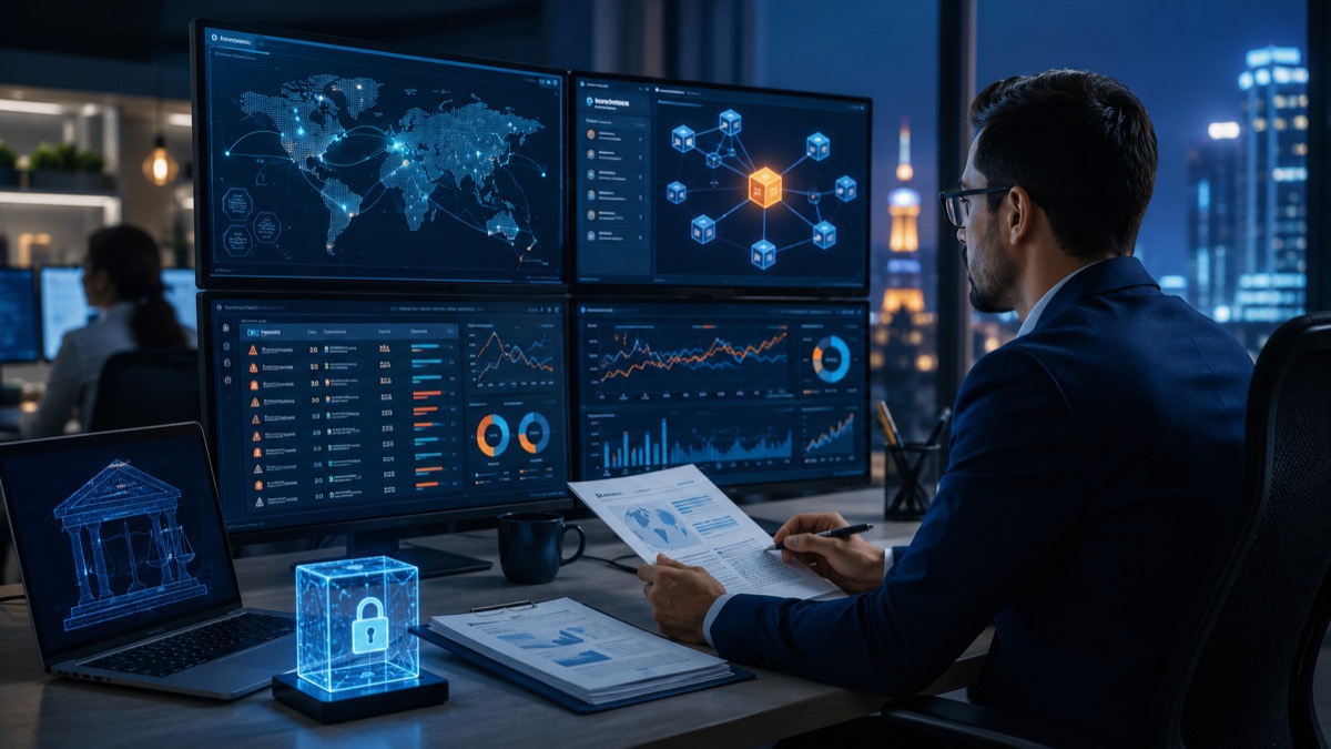 Oficial de cumplimiento monitoreando operaciones cripto y fiat en NexusGuardian